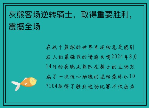 灰熊客场逆转骑士，取得重要胜利，震撼全场